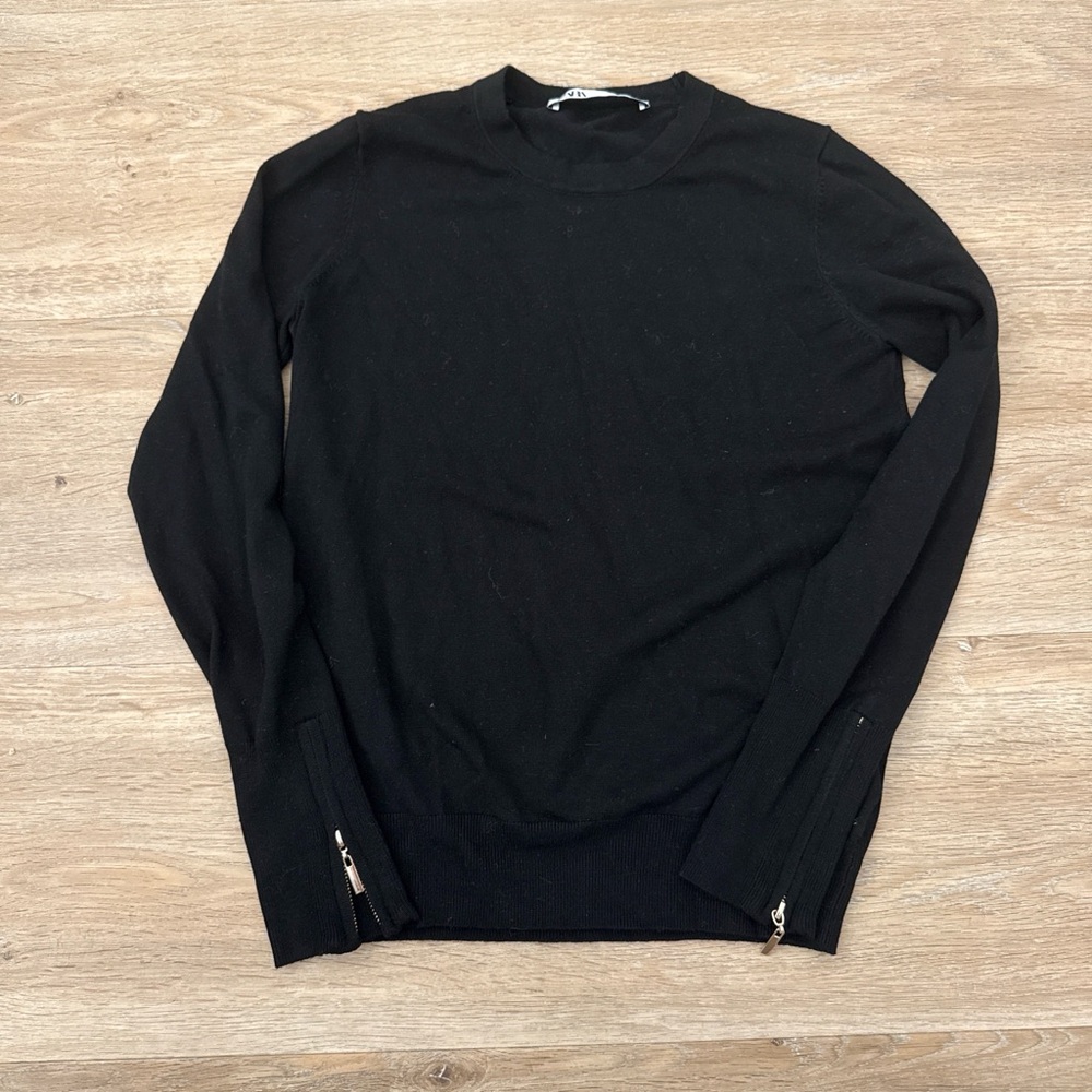 Zara Black Crewneck Sweater with Zip Detail Small